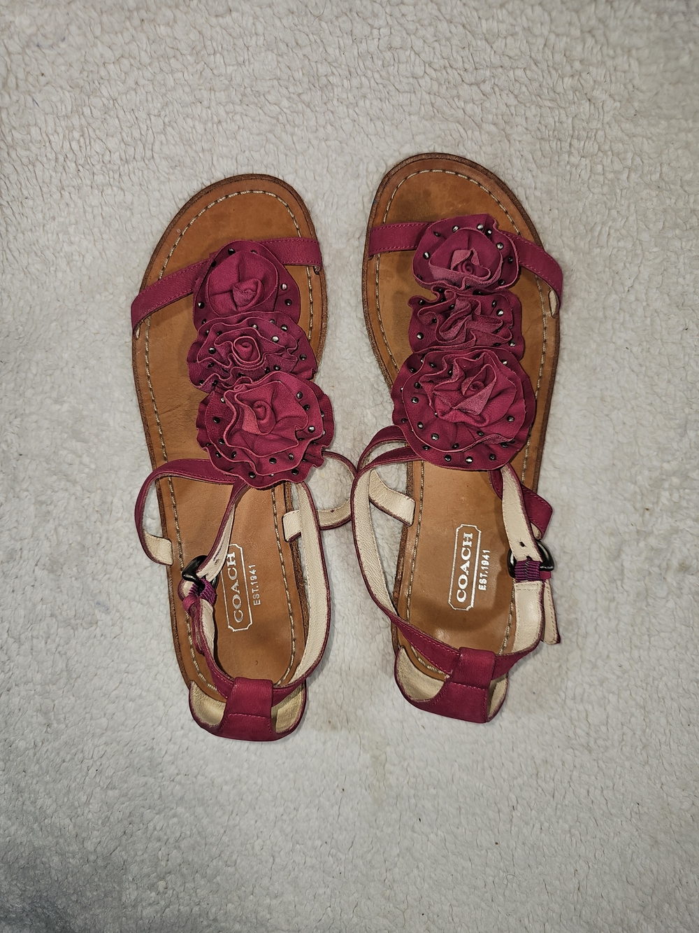 Coach Sandals Sz 6.5 B Women Rose Pink Red Flower Straps A8341 YGI G2S-21 - Picture 4 of 8